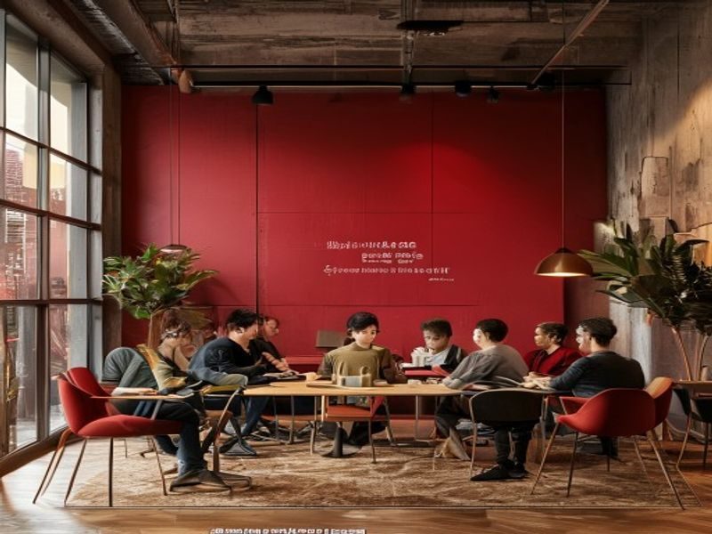 淫母日记品牌团队在现代化办公室内围坐交流，砖红色主题装饰墙面搭配原木桌椅，氛围专注而富有活力，体现内容创作团队的专业工作状态
